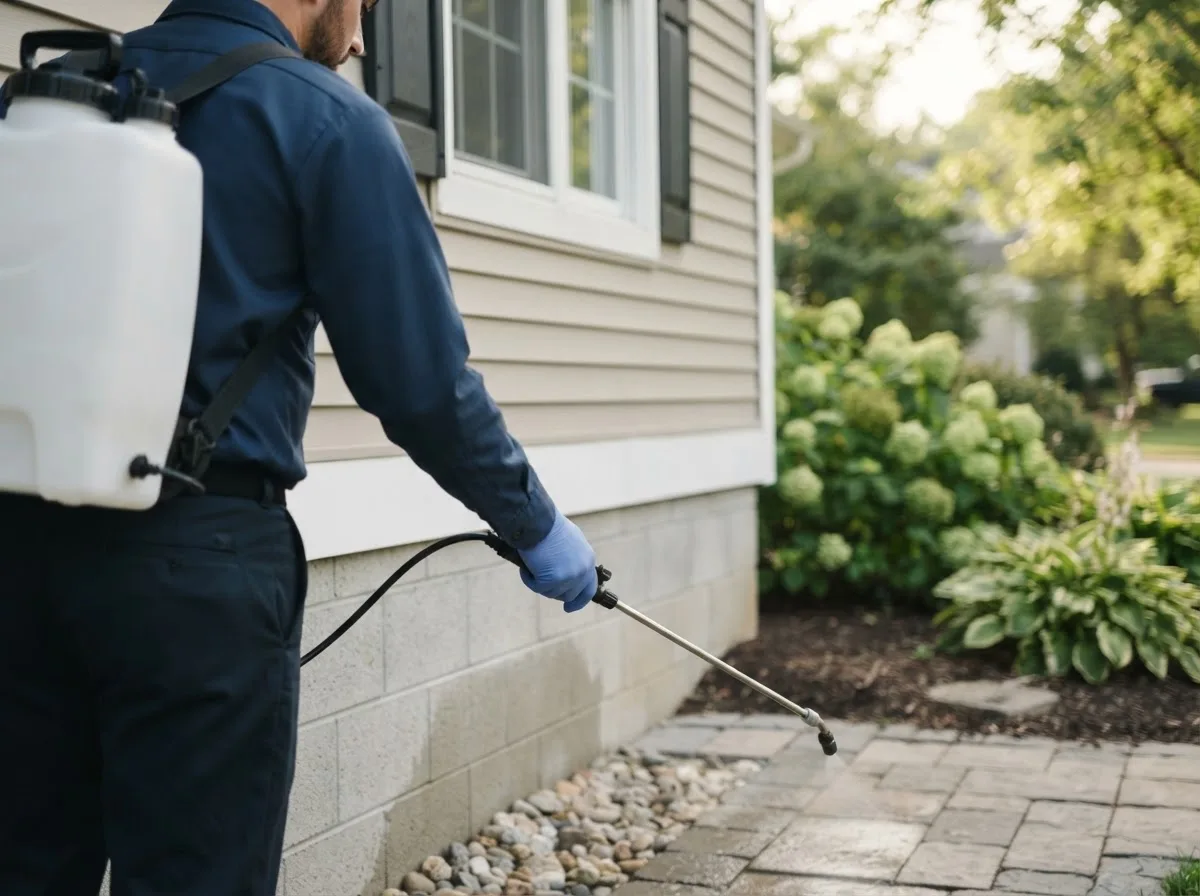 Pest control technician inspecting a home in Groton, NY